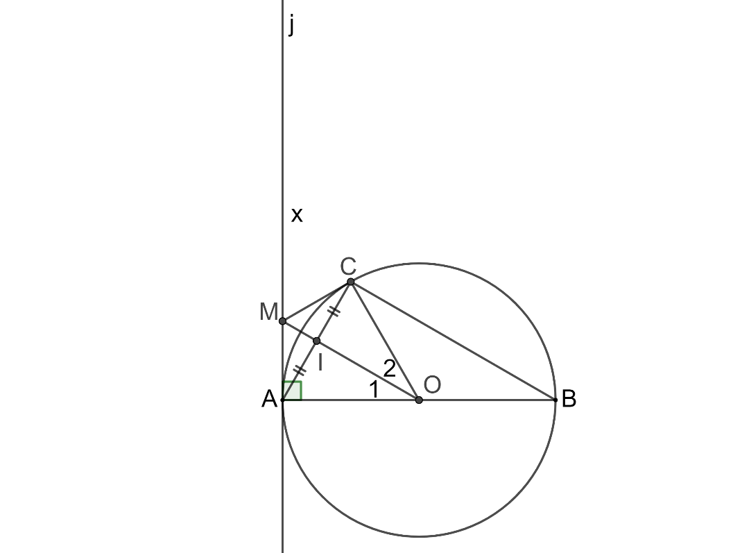 Cho đường tròn (O; R) có đường kính AB. Vẽ dây AC sao cho AC=R. Gọi I là trung điểm của dây AC. Đường thẳng OI cắt tiếp tuyến Ax tại M. Chứng minh rằng: (ảnh 1)