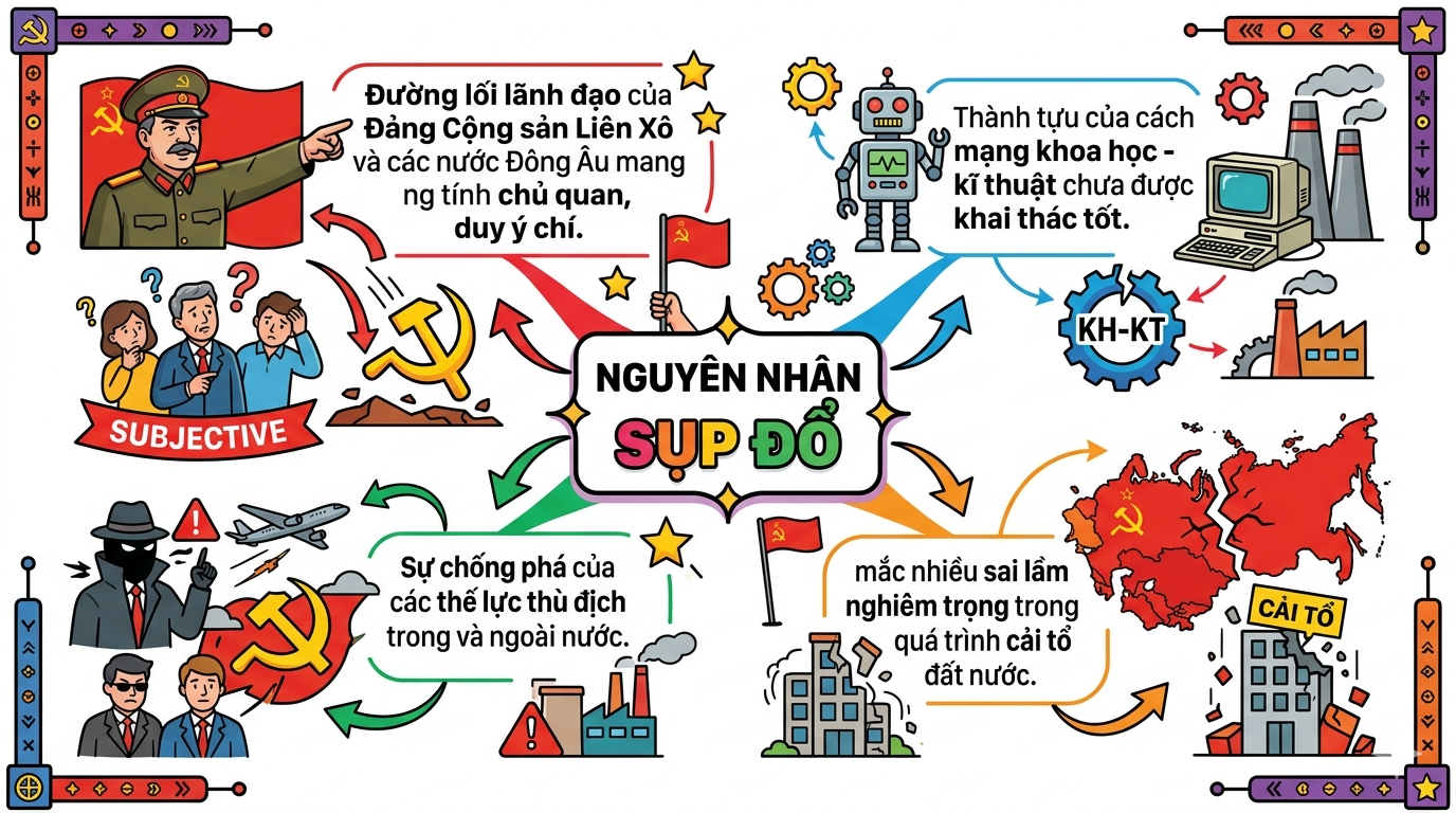 Dựa vào thông tin trong SGK, hãy vẽ sơ đồ tư duy về nguyên nhân sự sụp đổ của chủ nghĩa xã hội ở Liên Xô và các nước Đông Âu. (ảnh 1)