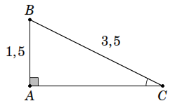 Tam gi&aacute;c \(ABC\) vu&ocirc;ng tại \(A\), \(AB = 1,5\); \(BC = 3,5\). T&iacute;nh tỉ số lượng gi&aacute;c của g&oacute;c \(C\) rồi suy ra c&aacute;c tỉ số lượng gi&aacute;c của g&oacute;c \(B\). (ảnh 1)