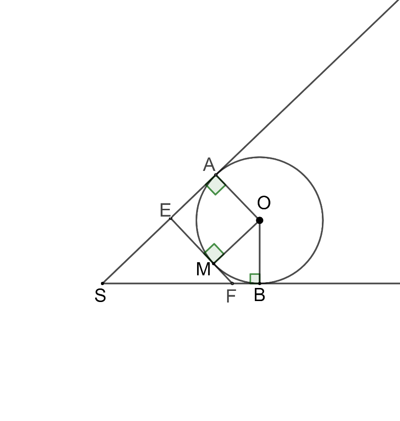 Cho SA và SB là hai tiếp tuyến cắt nhau của đường tròn (O) (A và B là hai tiếp điểm). Gọi M là điểm tuỳ ý trên cung nhỏ AB. Tiếp tuyến của (O) tại M cắt SA tai E và cat SB tai F.  a) Chứng minh rằng chu vi của tam giác SEF bằng SA + SB. (ảnh 1)