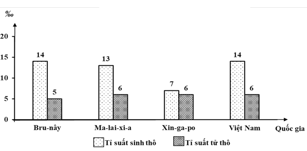 Cho biểu đồ sau:  TỈ SUẤT SINH THÔ, TỈ SUẤT TỬ THÔ CỦA MỘT SỐ QUỐC GIA ĐÔNG NAM Á NĂM 2024 (ảnh 1)