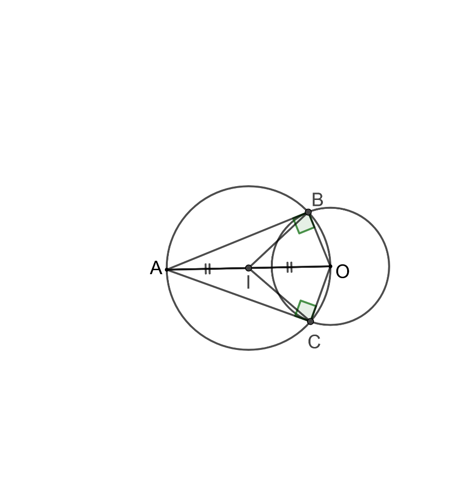 Cho điểm A nằm ngoài đường tròn (O; R). Vẽ đường tròn đường kính AO cắt đường tròn (O; R) tại hai điểm B và C. a) Chứng minh AB và AC là các tiếp tuyến của đường tròn (O; R). (ảnh 1)
