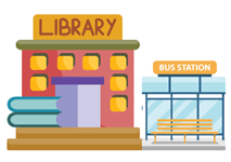 The bus station is next to the _____. A. supermarket	B. school 		C. library (ảnh 1)