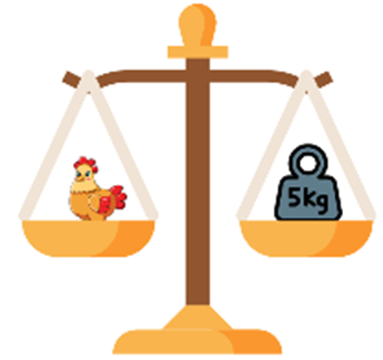 a) Con gà cân nặng là:    A. 2 kg	    B. 3 kg		    C. 4 kg	    D. 5 kg (ảnh 1)