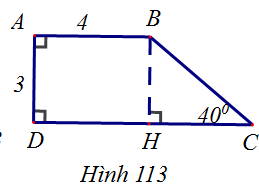Tứ giác ABCD có \(\widehat A = \widehat D = 90^\circ \), \(\widehat C = 40^\circ \). Cho biết AB = 4 cm; AD = 3 cm, tính diện tích tứ giác ABCD. (ảnh 1)