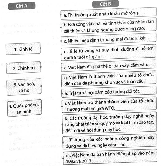 Hãy ghép thông tin ở cột A với thông tin ở cột B cho phù hợp về thành tựu của Việt Nam từ năm 1991 đến nay. (ảnh 1)