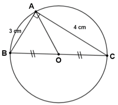 Cho tam giác \({\rm{ABC}}\) vuông tại \({\rm{A}}\) có \({\rm{AB}} = 3\;{\rm{cm}},\,\,{\rm{AC}} = 4\;{\rm{cm}}\). Chứng minh rằng các điểm \({\rm{A}},\,\,{\rm{B}},\,\,{\rm{C}}\) thuộc cùng một đường tròn. Tính bán kính của đường tròn đó. (ảnh 1)