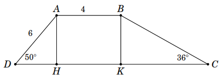 Cho h&igrave;nh thang \[ABCD\,\,\left( {AB\,{\rm{//}}\,CD} \right),\,\,\widehat C = 36^\circ \,;\,\,\widehat D = 50^\circ \]. Biết \(AB = 4\;{\rm{cm}},AD = 6\;{\rm{cm}}\). T&iacute;nh chu vi h&igrave;nh thang. (ảnh 1)