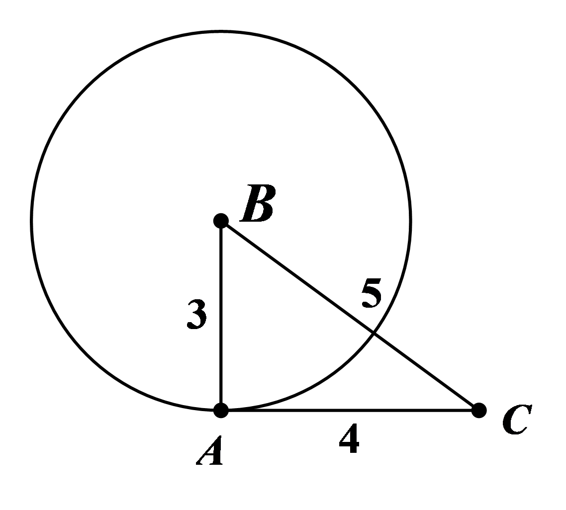 Cho tam giác \(ABC\) có \(AB = 3;AC = 4\) và \(BC = 5\). Chứng minh rằng đường thẳng \(AC\) là tiếp tuyến của đường tròn \(\left( {B;3} \right)\). (ảnh 1)
