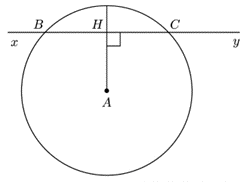 Cho điểm \[A\] c&aacute;ch đường thẳng \[xy\] một khoảng 12 cm. Gọi hai giao điểm của \[\left( {A;\,\,13\,\,{\rm{cm}}} \right)\] với \[xy\] l&agrave; \[B,\,\,C.\] T&iacute;nh độ d&agrave;i đoạn thẳng \[BC\]. (Đơn vị: cm). (ảnh 1)