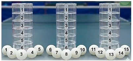 Có 15 quả bóng được đánh số từ 1 đến 15 được bỏ vào 3 chiếc hộp mất nhãn (giống nhau), mỗi hộp có 6 ngăn được đánh số từ 1 tới 6 như hình vẽ, mỗi ngăn chứa tối đa 1 quả bóng. (ảnh 1)