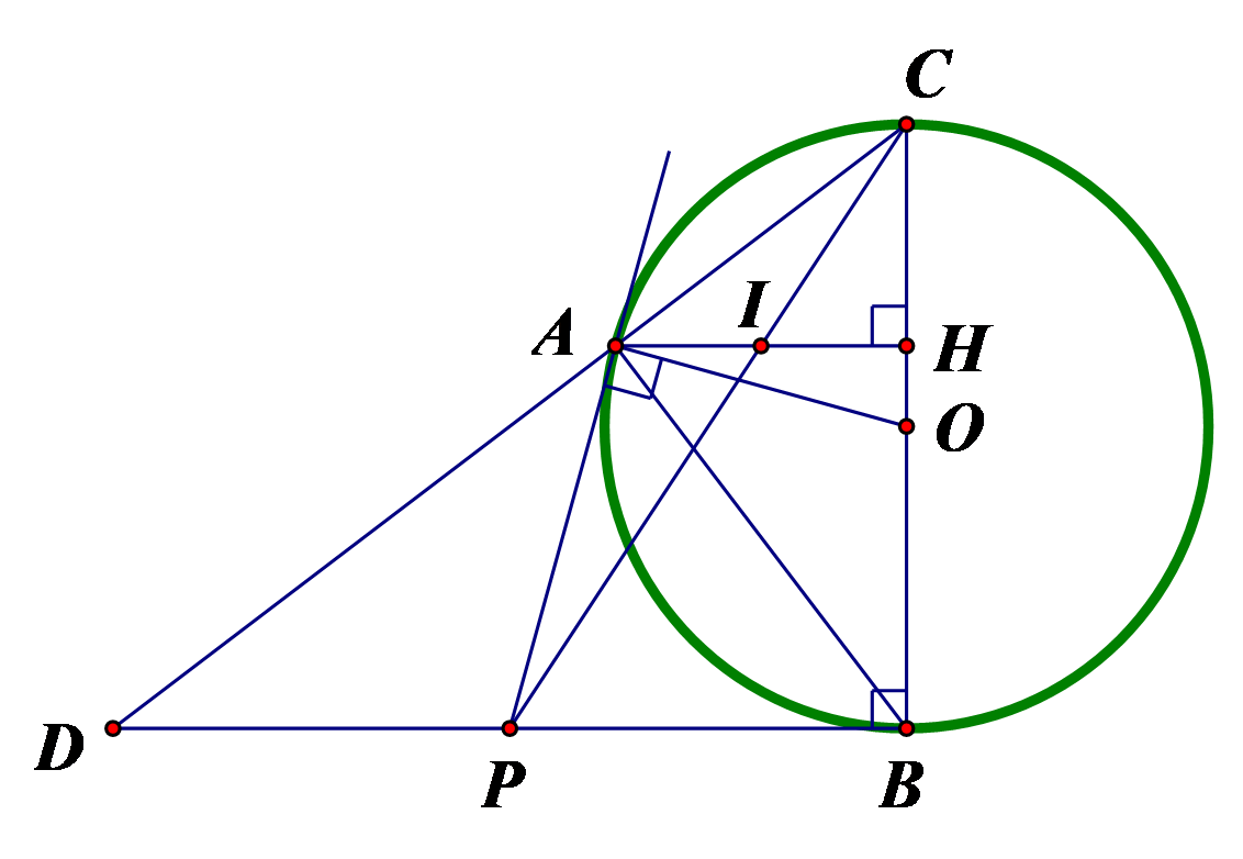 Từ điểm P nằm ngoài đường tròn (O; R) vẽ hai tiếp tuyến PA, PB (A, B là các tiếp điểm). Gọi H là chân đường vuông góc kẻ từ A đến đường kính BC. Chứng minh rằng PC cắt AH tại trung điểm I của AH. (ảnh 1)