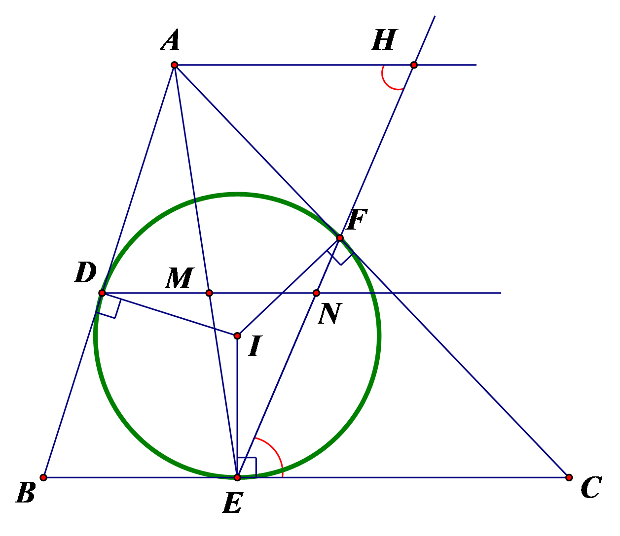 Cho đường tròn tâm I nội tiếp  Delta ABC , các tiếp điểm trên các cạnh AB, BC, CA lần lượt là D, E, F. Qua D kẻ đường thẳng song song với BC cắt EF tại N và AE tại M. Chứng minh rằng : M là trung điểm của DN. (ảnh 1)