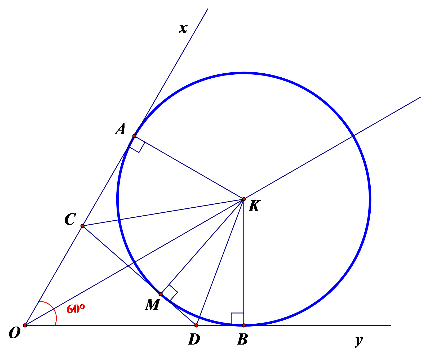 Cho g&oacute;c \[\widehat {xOy} = 60^\circ \]. Đường tr&ograve;n t&acirc; (ảnh 1)