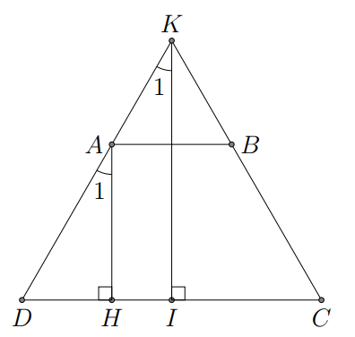 Cho h&igrave;nh thang c&acirc;n \(ABCD\,\,\left( {AB\;{\rm{//}}CD} \right),\,AB = 2\;\,{\rm{cm}},\,\,CD = 6\;\,{\rm{cm}}\), chiều cao bằng 4 cm. T&iacute;nh g&oacute;c nhọn tạo bởi hai đường thẳng chứa cạnh b&ecirc;n h&igrave;nh thang. (ảnh 1)