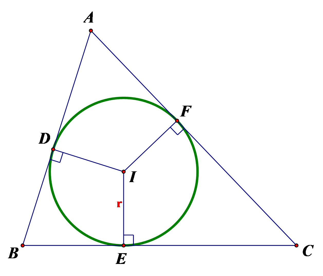 Cho đường tròn (I ; r) nội tiếp Delta ABC, các tiếp điểm trên các cạnh AB, BC, CA lần lượt là D, E, F. Chứng minh 2AD = AB + AC – BC (*) (ảnh 1)