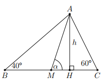 Cho\(\Delta ABC\)có \(\widehat B = 40^\circ ,\,\,\widehat C = 60^\circ \), đường trung tuyến\(AM\).Tính số đo góc\(AMC\) (ảnh 1)