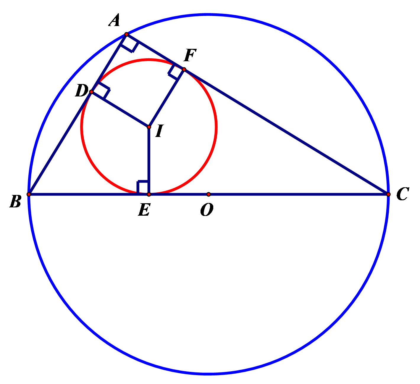 Cho tam giác ABC vuông tại A Gọi R, r lần lượt là bán kính đường tròn ngoại tiếp, nội tiếp tam giác ABC. Chứng minh rằng AB + AC = 2(R + r). (ảnh 1)