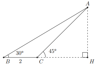 Tính diện tích tam giác \(ABC\) biết \(\widehat B = 30^\circ ,\,\,\widehat C = 135^\circ ,\,\,BC = 2\;{\rm{cm}}\). (ảnh 1)