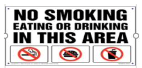 What does the sign say?   A. They allow eating, drinking and smoking here. B. You are not allowed to eat, smoke and drink here. C. You can’t eat but you can drink or smoke here. D. They cannot drink or smoke but only eat here. (ảnh 1)