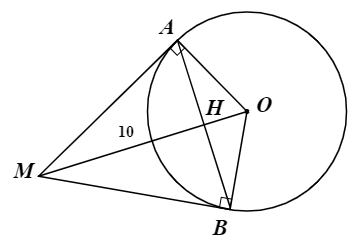 Cho đường tr&ograve;n \(\left( {O;6{\rm{\;}}cm} \right)\). \(M\) nằm ngo&agrave;i đường tr&ograve;n sao cho \(OM = 10{\rm{\;}}cm\). Từ \(M\) kẻ hai tiếp tuyến \(MA\), \(MB\) đến đường tr&ograve;n (\(A\), \(B\) l&agrave; hai tiếp điểm). T&iacute;nh độ d&agrave;i c&aacute;c cạnh của tam gi&aacute;c \(MAB\). (ảnh 1)