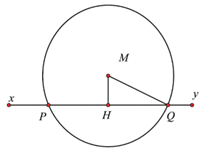 Cho điểm \[M\] c&aacute;ch đường thẳng \[xy\] một đoạn bằng 6 cm, vẽ đường tr&ograve;n \[\left( {M;\,\,10\,\,{\rm{cm}}} \right)\]. Gọi hai giao điểm l&agrave; \[P\] v&agrave; \[Q\] l&agrave; giao của \[xy\] với đường tr&ograve;n. T&iacute;nh độ d&agrave;i \[PQ\]. (Đơn vị: cm). (ảnh 1)