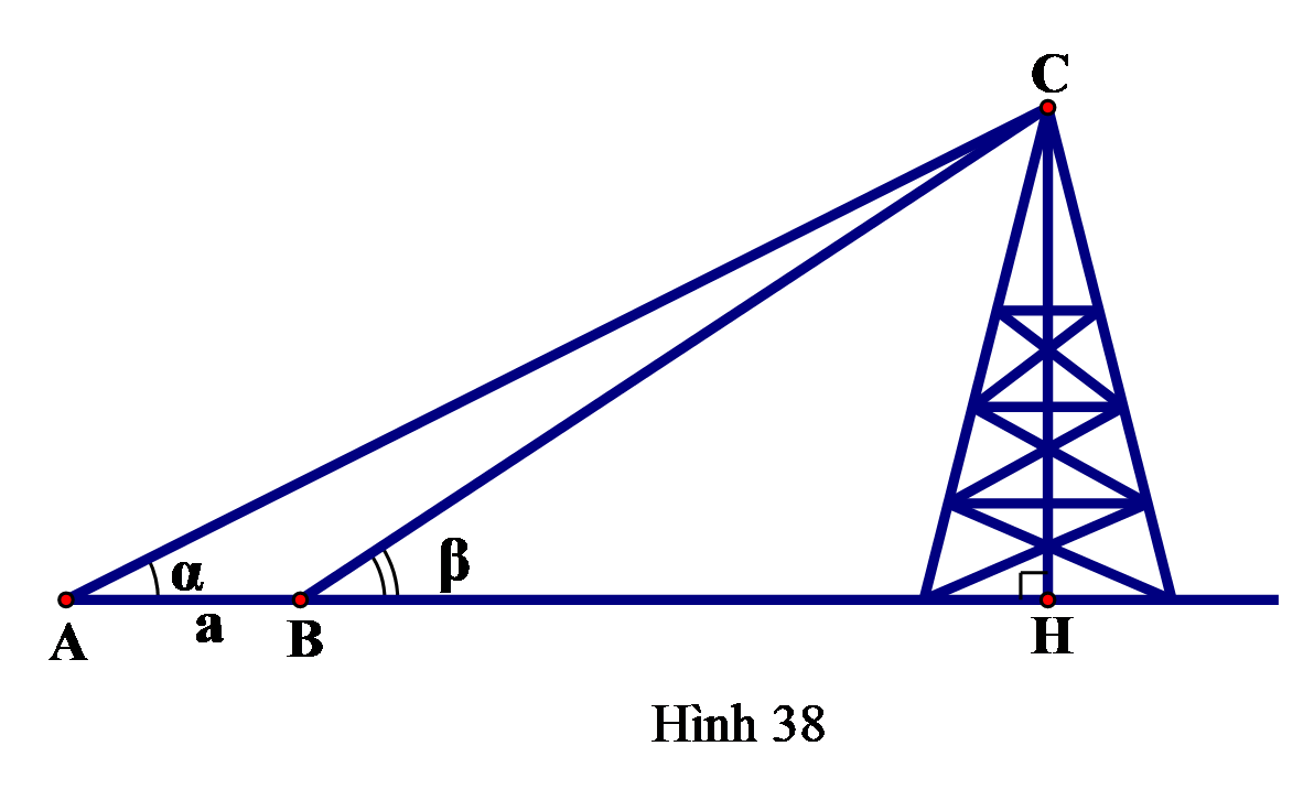 Hãy xác định độ cao của cột ăng- ten CH trong hình 38 với \(a = 8,5m\);\(\alpha = 20^\circ ;\,\,\beta = 24^\circ \) (làm tròn đến hàng đơn vị). (ảnh 1)