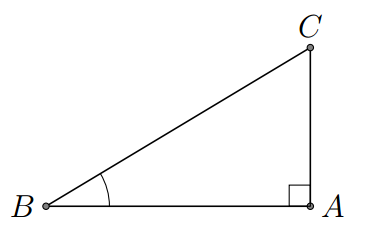 Cho tam gi&aacute;c \[ABC\] vu&ocirc;ng tại \(A\). Biết  \(AB = 3\,{\rm{cm}},AC = 4\,{\rm{cm}}\). T&iacute;nh tỉ số lượng gi&aacute;c của g&oacute;c nhọn \(B\) (ảnh 1)