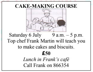 Which is true about the course? 	A. The class starts at 9 o’clock every day. B. Frank Martin is a student. C. You learn to make coffee in the course. D. The course costs 50 pounds. (ảnh 1)