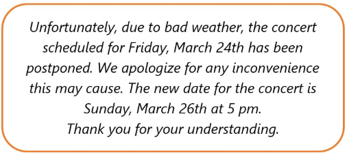 What is the purpose of this note? A. To inform the audience of a change in date and time for the concert. B. To announce a new performer for the concert. C. To provide a review of the concert. D. To remind the audience of the concert dress code. (ảnh 1)