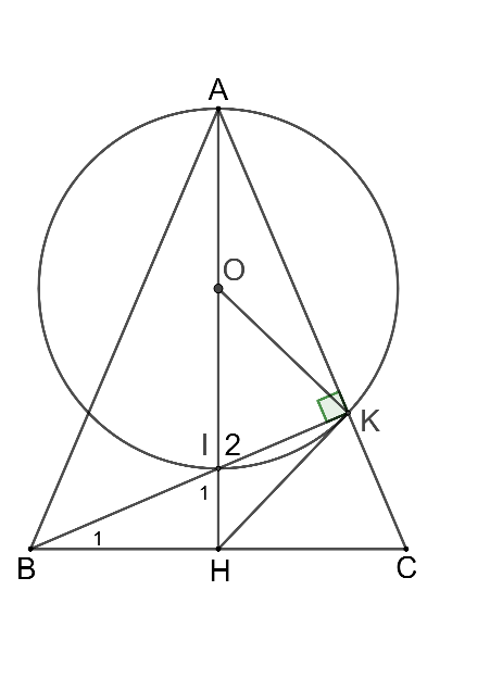 Cho tam giác ABC cân tại A, đường cao AH và BK cắt nhau tại I. Chứng minh rằng HK là tiếp tuyến của đường tròn đường kính AI. (ảnh 1)