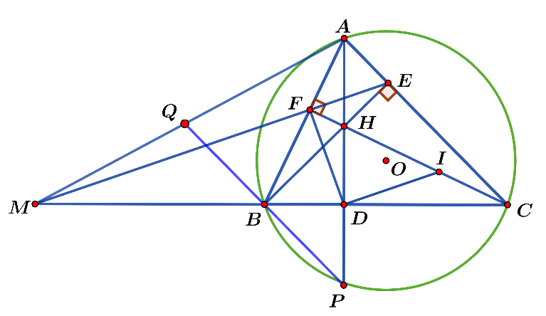 Cho tam giác ABC có ba góc nhọn (AB < AC), nội tiếp đường tròn (O). Đường cao BE và CF của tam giác ABC cắt nhau tại H.  a) Chứng minh bốn điểm B, F, E, C cùng thuộc một đường tròn. (ảnh 1)