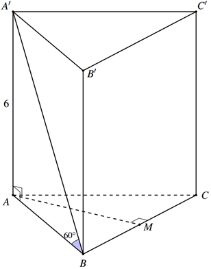 Trong \(\Delta AA'B\) vu&ocirc;ng tại \(A\) c&oacute;: \(AB = AA'.\cot \widehat {AA'B} = 6.\cot 60^\circ&nbsp; = 2\sqrt 3 \).  Gọi \(M\) l&agrave; trung điểm \(BC\) th&igrave; (ảnh 2)