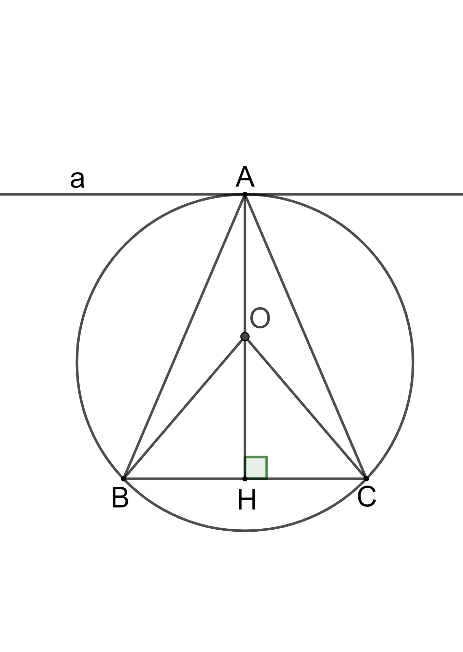 Cho đường tr&ograve;n (O) đi qua ba điểm A, B v&agrave; C của một tam gi&aacute;c c&acirc;n tại A. Chứng minh rằng đường thẳng đi qua A v&agrave; song song với BC l&agrave; một tiếp tuyến của (O). (ảnh 1)