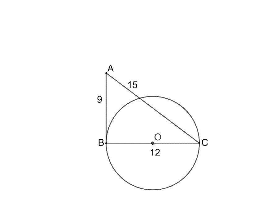 Trong hình vẽ AB= 9, BC =12,AC=15 và BC là đường kính của đuờng tròn (O). Chứng minh AB là tiếp tuyến của đuòng tròn(O). (ảnh 1)