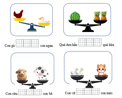 Điền các từ “nặng hơn, nhẹ hơn, nặng bằng” vào chỗ trống thích hợp. (ảnh 1)