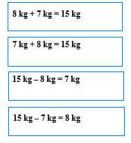 Cho các số 8 kg, 15 kg, 7 kg, 18 kg. Hãy viết tất cả các phép tính thích hợp (ảnh 2)