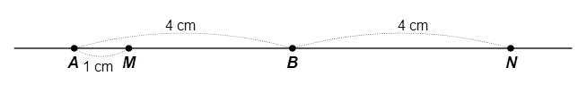 Vẽ một đường thẳng, lấy hai điểm A và B trên đường thẳng đó sao cho AB = 4cm. Trên tia AB lấy điểm M sao cho AM = 1cm. Trên tia đối của tia BA lấy điểm N sao cho BN = 4cm (ảnh 1)