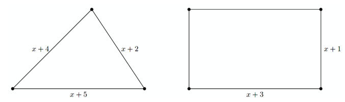Cho hai tam giác và hình chữ nhật có kích thước hình bên dưới. Biết chu vi của hình tam giác luôn lớn hơn chu vi của hình chữ nhật. (ảnh 1)