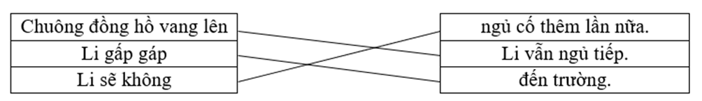 Ghép đúng: Chuông đồng hồ vang lên		ngủ cố thêm lần nữa. Li gấp gáp		Li vẫn ngủ tiếp. Li sẽ không 		đến trường. (ảnh 1)