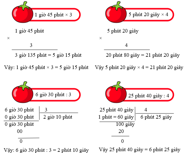 Tính: 1 giờ 45 phút × 3; 5 phút 20 giây × 4 (ảnh 1)