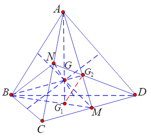 Cho tứ diện ABCD, G l&agrave; trọng t&acirc;m tứ diện. Gọi G1 l&agrave; giao điểm của AG v&agrave; mp (BCD), G2 l&agrave; giao điểm của BG v&agrave; mp (ACD). Khẳng định n&agrave;o sau đ&acirc;y l&agrave; đ&uacute;ng? (ảnh 1)