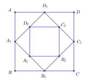 Cho hình vuông ABCD có cạnh bằng a và có diện tích S1. Nối 4 trung điểm A1,B1, C1, D1 theo thứ tự của 4 cạnh AB, BC,CD, DA ta được hình vuông thứ hai có diện tích S2 (ảnh 1)