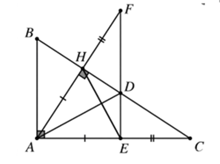 Cho \(\Delta ABC\) vu&ocirc;ng tại A. Kẻ AH vu&ocirc;ng góc với BC (H thu&ocirc;̣c BC) và tia ph&acirc;n giác AD của \(\widehat {HAC}\) (D thu&ocirc;̣c BC). Tr&ecirc;n cạnh AC l&acirc;́y đi&ecirc;̉m E sao cho \[AE = AH.\]  (a) Chứng minh rằng: \(\Delta ADH = \Delta ADE\). (ảnh 1)