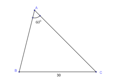 Cho tam giác ABC có góc A = 60 độ, cạnh a = 30 bán kính đường tròn nội tiếp r = 5 căn bậc hai của 3. Tính tổng độ dài hai cạnh còn lại b,c của tam giác ABC ta được kết quả là: (ảnh 1)