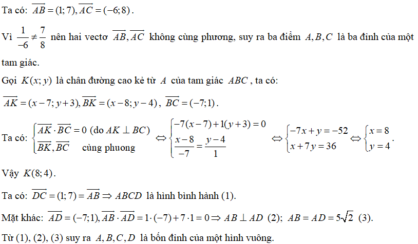 Trong mặt phẳng tọa độ , cho bốn điểm A(7; -3), B(8;4), C(1;5), D(0;-2) (ảnh 1)