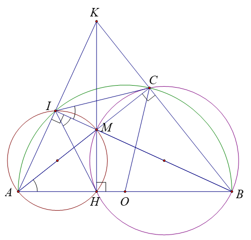 Cho nửa đường tròn tâm O đường kính AB và điểm C thuộc nửa đường tròn đó (C khác A và B). Lấy điểm I thuộc cung AC (I khác A và C) sao cho BC > AI. Gọi M là giao điểm của AC và BI. Gọi H l (ảnh 1)