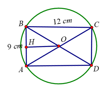 Cho hình chữ nhật ABCD nội tiếp đường tròn (O) có AB = 9 cm, BC = 12 cm. Tính diện tích hình quạt tròn ứng với cung BC nhỏ. (ảnh 1)