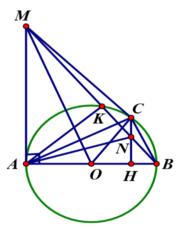  Cho đường tròn tâm O, đường kính AB. Trên tiếp tuyến của đường tròn (O) tại A lấy điểm M (M khác A). Từ điểm M vẽ tiếp tuyến thứ hai MC với đường tròn (O) (C là tiếp điểm).  (ảnh 1)