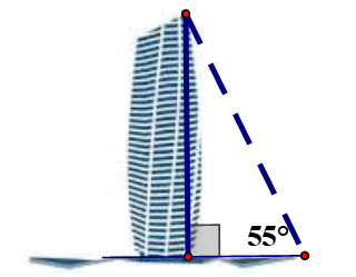 Tòa nhà trung tâm hành chính thành phố Đà Nẵng cao 167 m. Tia nắng chiếu qua đỉnh của nóc tòa nhà tạo với mặt đất một góc 55°. Hãy tính khoảng cách từ vị trí tia nắng chiếu xuống mặt đất đến  (ảnh 1)